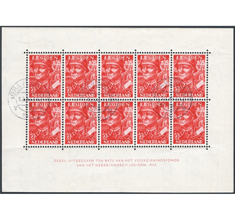 Olanda - 1942 - BF Pro Legione Olandese 7½ + 2½ c., il foglietto da 10, n° 1. Cat. € 115 (U)
