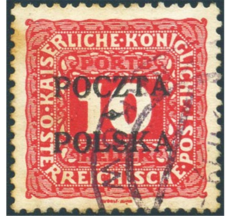 Polonia - 1919 - Segnatasse di Austria 10 h. rosso con soprast. "Poczta Polska" e fregio in nero, n° 2. Cert.: Biondi. Cat. € 4.