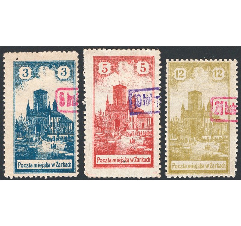 Polonia - Emissioni locali - Zarki - 1918 - Cattedrale di Zarki la serie con nuovi valori in soprast., Michel n° 4/6. Cat. € 450