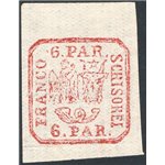 Romania - 1862/84 - Corno di posta 6 p. carminio su carta vergata verticale, n° 9Bd. Firm.: AD - ED. Cat. € 300 (*)