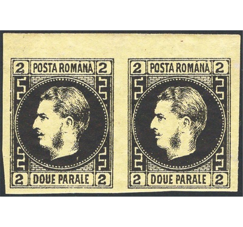 Romania - 1866/67 - Principe Carlo 2 p. giallo in coppia orizzontale bordo di foglio, n° 14. Cat. € 220 (**)