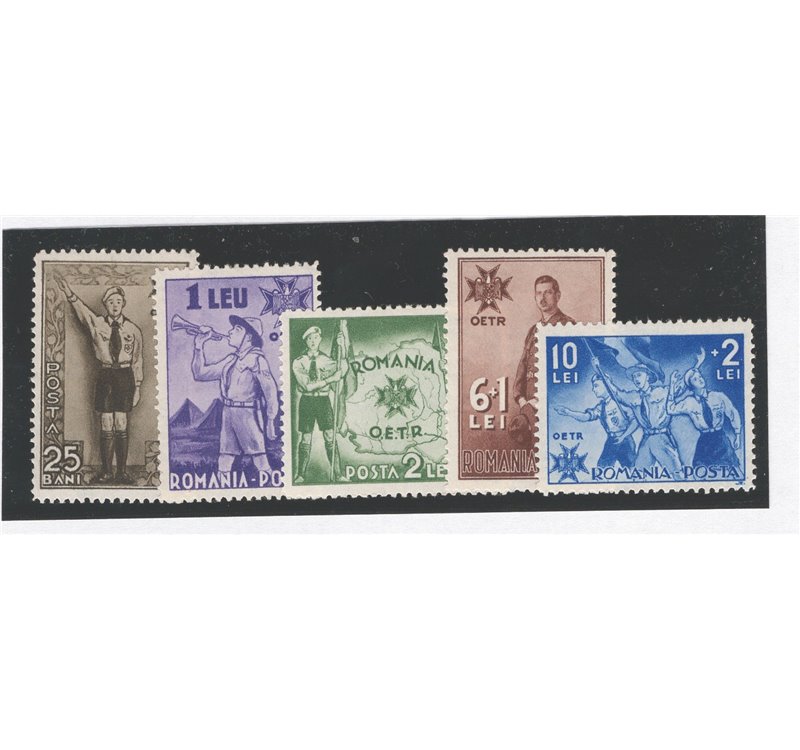 Romania - 1935 - 5° Anniv. dell'Avvento di Carlo II, tematica scout, serie n° 481/85. Cat. € 75 (**)