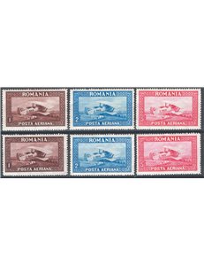 Romania - 1928 - P.A. Aereo con filigrana linee ondulate orizzontali e verticali, serie n° 1/3 + 1a/3a. Cat. € 50 (*)