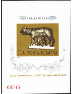 Romania - 1975 - BF Anno Europeo per la Salvaguardia dei Monumenti: Lupa Capitolina, n° 119a. Cert.: IC. Cat. € 250 (**)