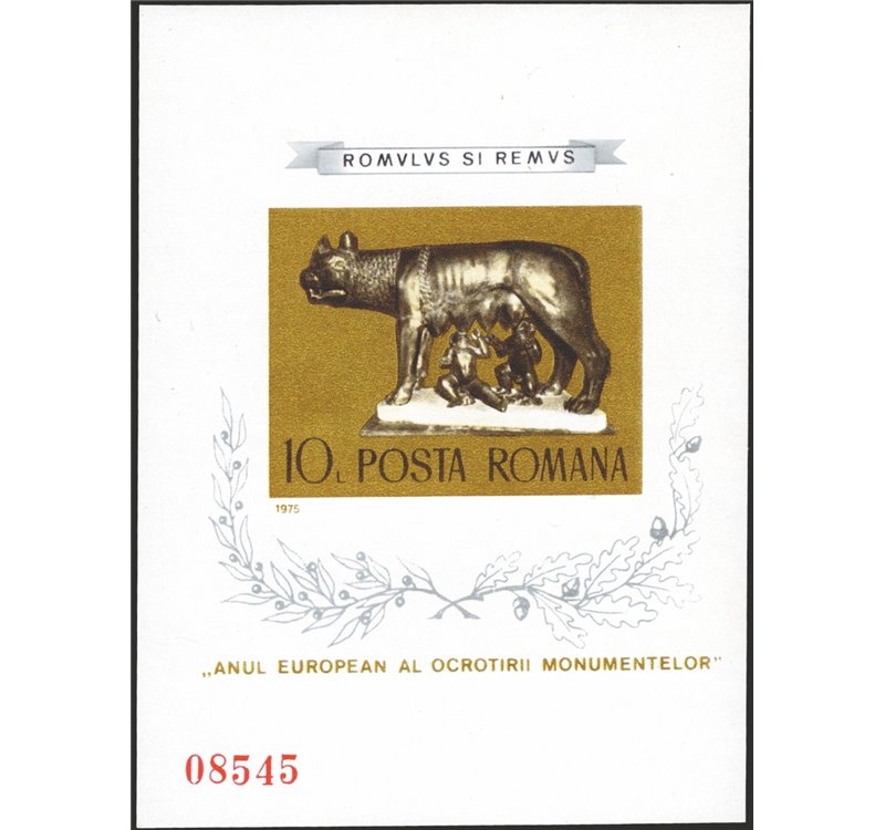Romania - 1975 - BF Anno Europeo per la Salvaguardia dei Monumenti: Lupa Capitolina, n° 119a. Cert.: IC. Cat. € 250 (**)