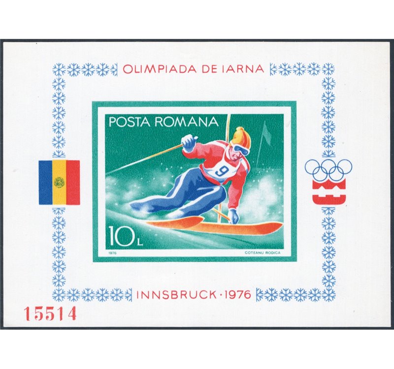 Romania - 1976 - BF Olimpiadi di Innsbruk (slalom), n° 123a non dent. Cat. € 100 (**)