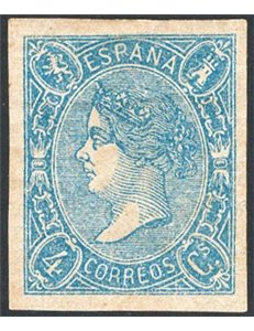 Spagna - 1865 - Isabella II 4 c. azzurro, n° 66. Cert.: Apicella. Cat. € 3.000 (*)