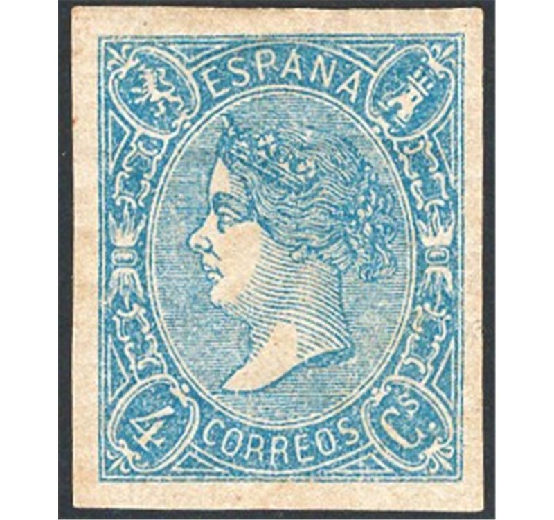 Spagna - 1865 - Isabella II 4 c. azzurro, n° 66. Cert.: Apicella. Cat. € 3.000 (*)