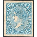 Spagna - 1865 - Isabella II 4 c. azzurro, n° 66. Cert.: Apicella. Cat. € 3.000 (*)