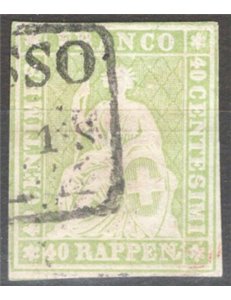 Svizzera - 1855/57 - Helvetia seduta 40 r. verde (filo rosso bruno) carta normale, n° 30d. Cat. € 100 (U)