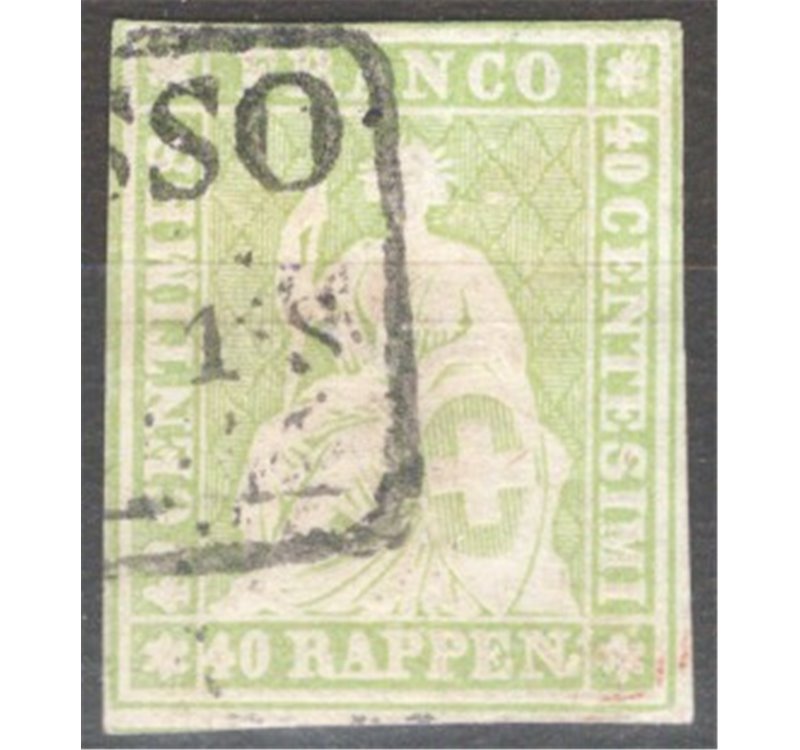 Svizzera - 1855/57 - Helvetia seduta 40 r. verde (filo rosso bruno) carta normale, n° 30d. Cat. € 100 (U)
