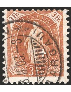 Svizzera - 1905/6 - Helvetia in piedi 3 fr. bistro, n° 99. Firm.: AD - Raybaudi. Cat. € 240 (U)