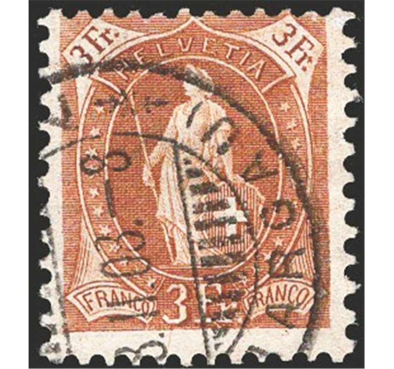 Svizzera - 1905/6 - Helvetia in piedi 3 fr. bistro, n° 99. Firm.: AD - Raybaudi. Cat. € 240 (U)