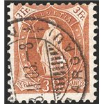 Svizzera - 1905/6 - Helvetia in piedi 3 fr. bistro, n° 99. Firm.: AD - Raybaudi. Cat. € 240 (U)