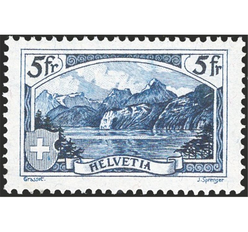 Svizzera - 1928 - Veduta del Monte Rutli 5 fr. azzurro, n° 230. Cert.: IC. Cat. € 450 (**)