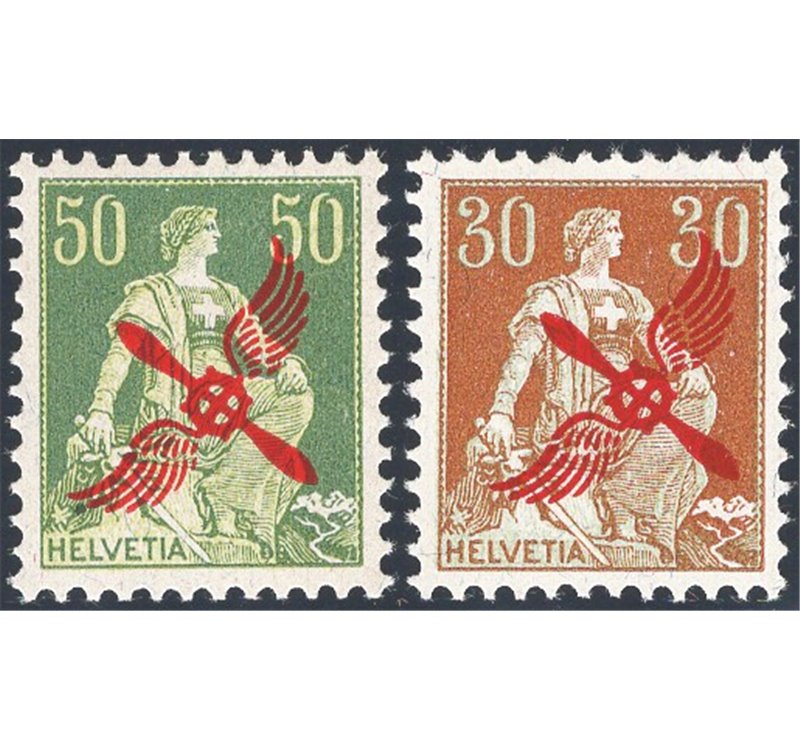 Svizzera - 1919/20 - P.A. Helvetia seduta con soprast. in rosso di un elica stilizzata, serie n° 1/2. Cert.: IC. Cat. € 520 (**)