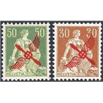 Svizzera - 1919/20 - P.A. Helvetia seduta con soprast. in rosso di un elica stilizzata, serie n° 1/2. Cert.: IC. Cat. € 520 (**)