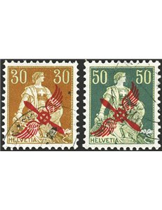 Svizzera - 1919/20 - P.A. Helvetia seduta con soprast. in rosso di un elica stilizzata ed annullo di Mendrisio, serie n° 1/2. Ce