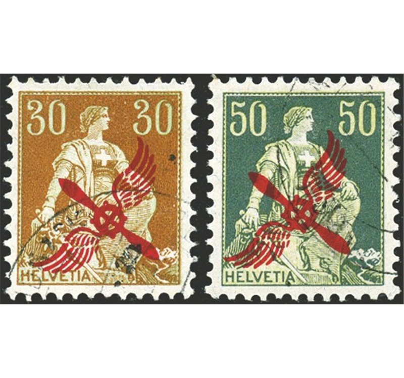 Svizzera - 1919/20 - P.A. Helvetia seduta con soprast. in rosso di un elica stilizzata ed annullo di Mendrisio, serie n° 1/2. Ce