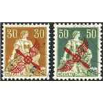 Svizzera - 1919/20 - P.A. Helvetia seduta con soprast. in rosso di un elica stilizzata ed annullo di Mendrisio, serie n° 1/2. Ce