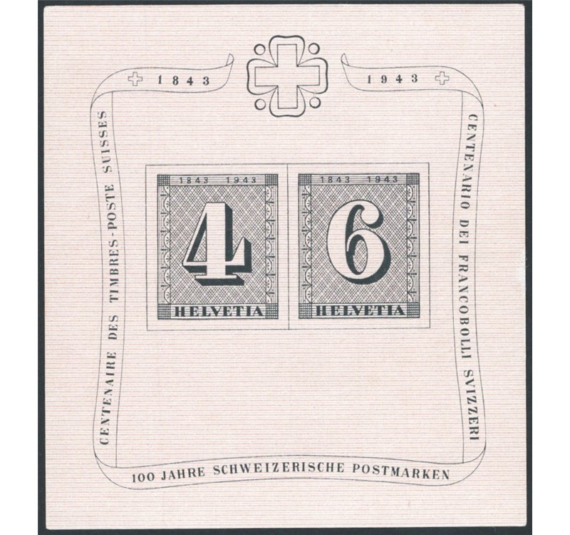 Svizzera - 1943 - BF Centenario del 1° Francobollo Svizzero, n° 9. Cat. € 120 (**)