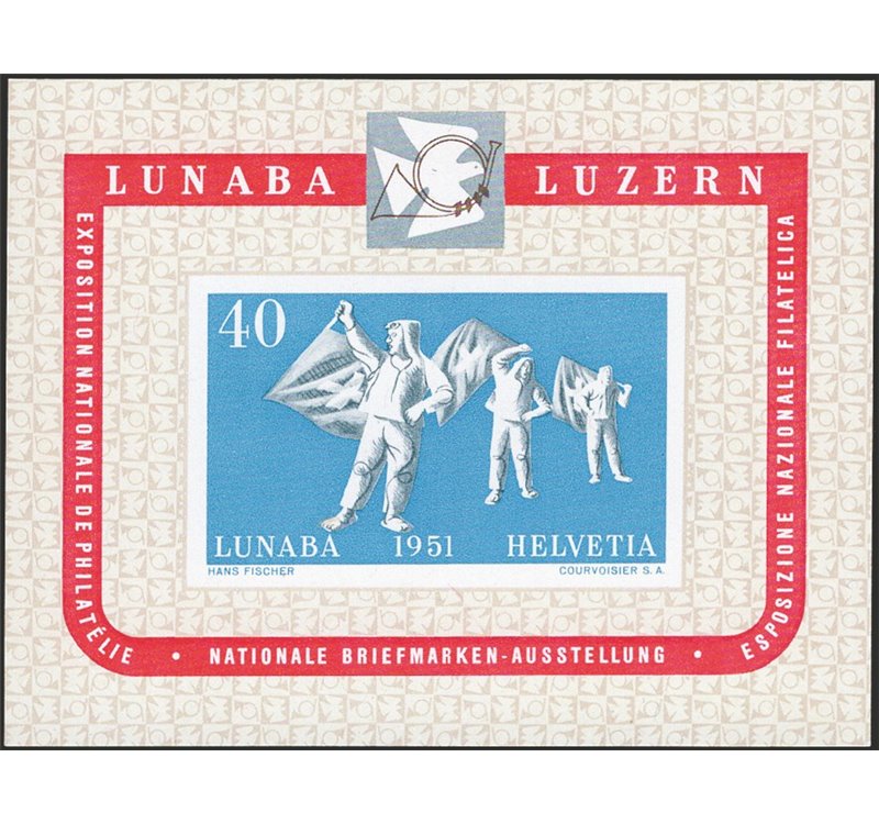 Svizzera - 1951 - BF Expo Filatelica di Lucerna "Lunaba", n° 14. Cert.: Biondi. Cat. € 280 (**)