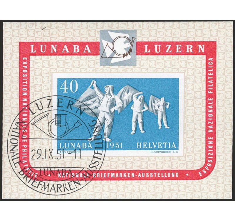 Svizzera - 1951 - BF Expo Filatelica di Lucerna "Lunaba", n° 14. Cert.: IC. Cat. € 230 (U)