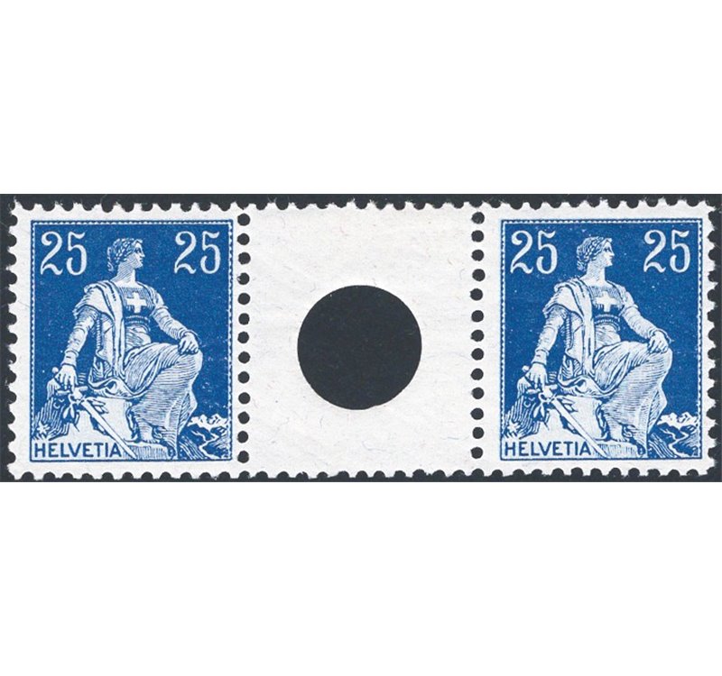 Svizzera - 1908 - Helvetia seduta con interspazio di gruppo con foro grande del 25 c. azzurro (num. 120), Unif. n° S1. Cert.: IC
