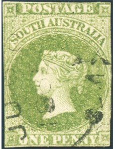 Colonie Inglesi - Australia del Sud - 1856/59 - Effigie della Regina Vittoria 1 p. verde giallo margini a filo, n° 1A. Cert.: Bi