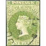 Colonie Inglesi - Australia del Sud - 1856/59 - Effigie della Regina Vittoria 1 p. verde giallo margini a filo, n° 1A. Cert.: Bi