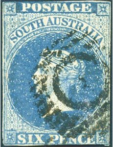 Colonie Inglesi - Australia del Sud - 1856/59 - Effigie della Regina Vittoria 6 p. blue scuro margini a filo, n° 3. Cert.: Biond