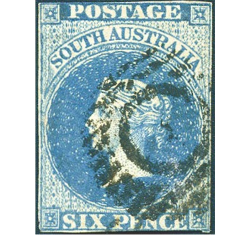 Colonie Inglesi - Australia del Sud - 1856/59 - Effigie della Regina Vittoria 6 p. blue scuro margini a filo, n° 3. Cert.: Biond