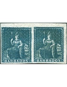 Colonie Inglesi - Barbados - 1852 - Britannia su carta azzurra - Coppia angolo di foglio del (1 p.) blu, n° 2. Cert.: Biondi. Ca