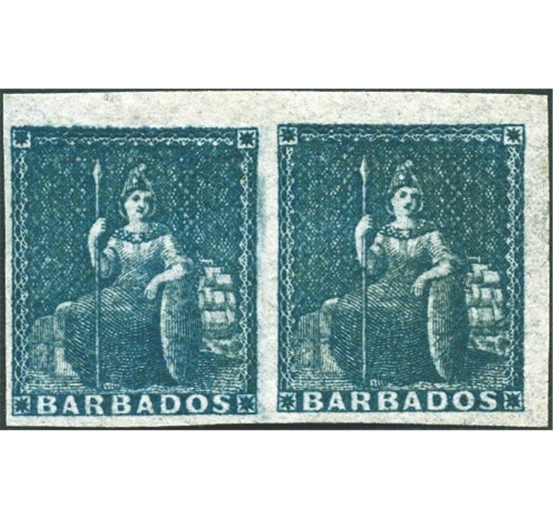 Colonie Inglesi - Barbados - 1852 - Britannia su carta azzurra - Coppia angolo di foglio del (1 p.) blu, n° 2. Cert.: Biondi. Ca