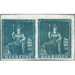 Colonie Inglesi - Barbados - 1852 - Britannia su carta azzurra - Coppia angolo di foglio del (1 p.) blu, n° 2. Cert.: Biondi. Ca