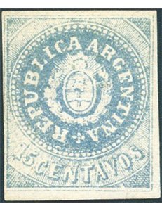 Argentina - 1862/64 - Stemma 15 c. vos blue chiaro senza accento sulla "U" di Repubblica stampa litografica, n° 7d. Firm.: Ardil