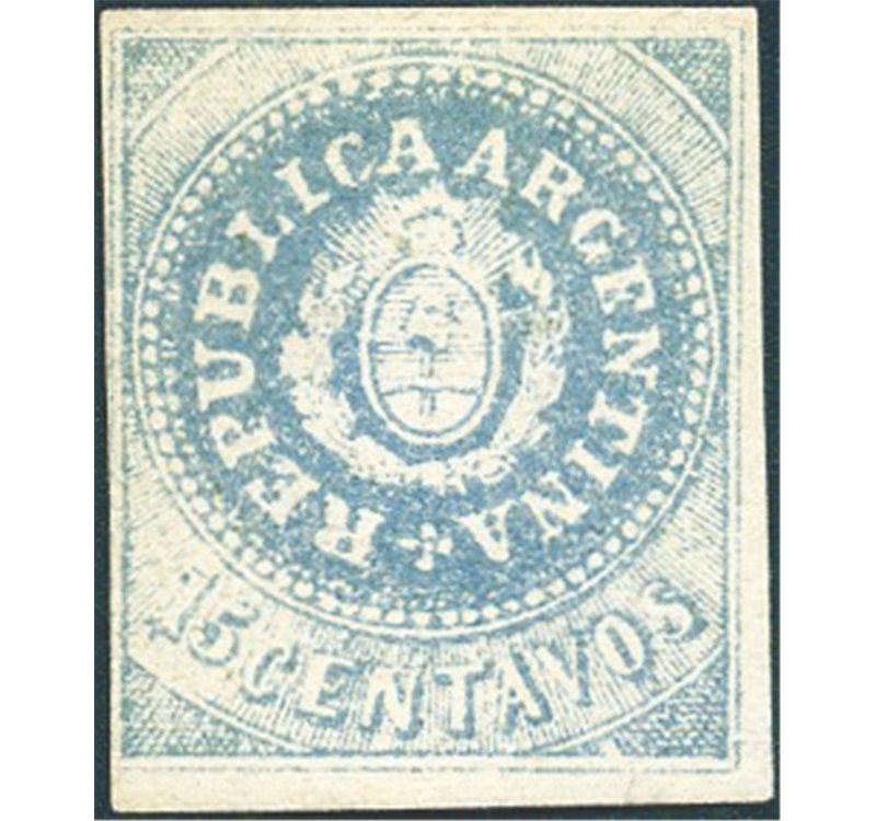 Argentina - 1862/64 - Stemma 15 c. vos blue chiaro senza accento sulla "U" di Repubblica stampa litografica, n° 7d. Firm.: Ardil