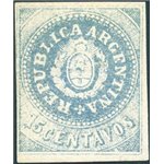 Argentina - 1862/64 - Stemma 15 c. vos blue chiaro senza accento sulla "U" di Repubblica stampa litografica, n° 7d. Firm.: Ardil