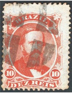 Brasile - 1866 - Imperatore Pedro II 10 r. rosso su carta azzurro, n° 23B. Cert.: IC. Cat. € 525 (U)