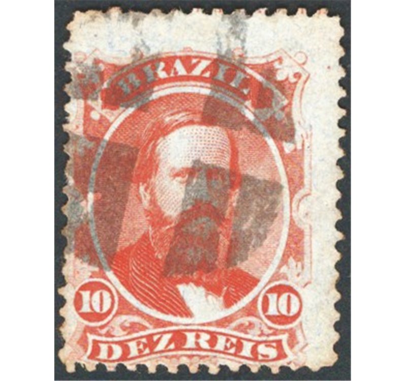 Brasile - 1866 - Imperatore Pedro II 10 r. rosso su carta azzurro, n° 23B. Cert.: IC. Cat. € 525 (U)