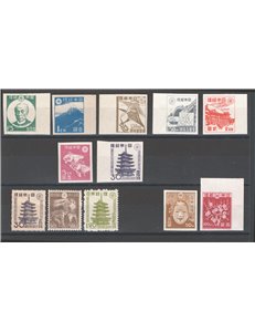 Giappone - 1946/47 - Definitiva, serie n° 354/65, i valori più comuni sono tutti senza gomma come da emissione. Cert.: IC. Cat. 
