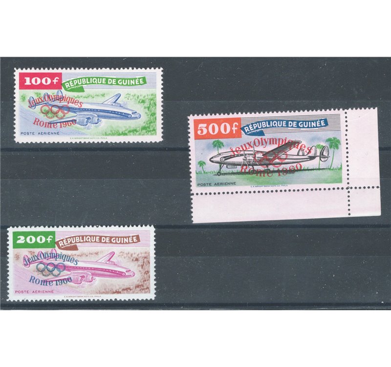 Guinea - 1960 - P.A. Olimpiadi di Roma, la serie n° 11/13 con soprast. rossa per il 100 e 500 fr. Cat. € 80 (**)