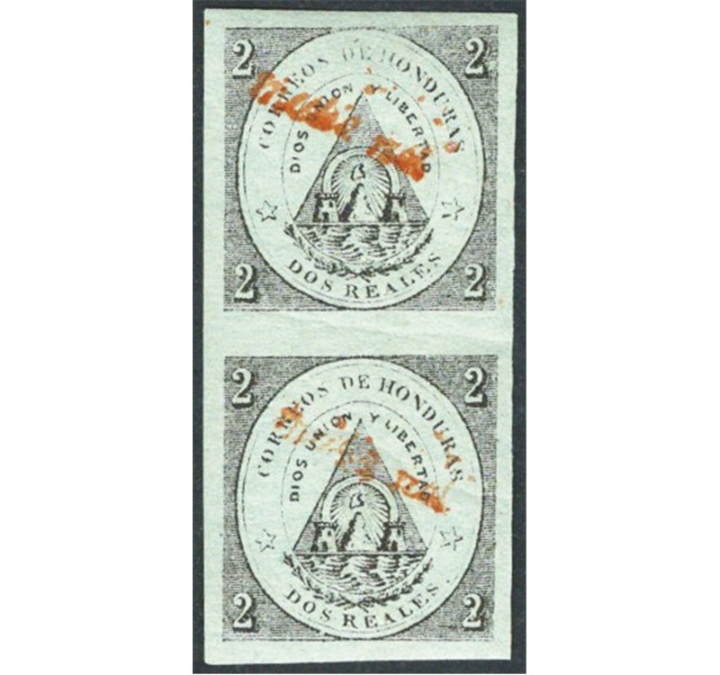Honduras - 1877 - Stemma soprast. in rosso “Medio real”, coppia verticale. Cat. € 160 (**)