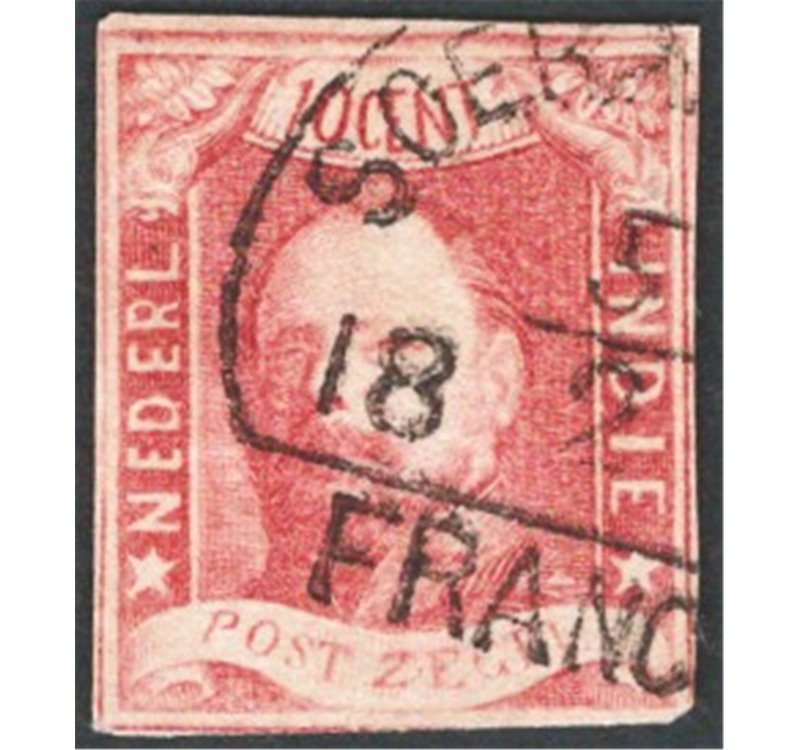 Indie (Colonie Olandesi) - 1864 - Guglielmo II 10 c. carminio, n° 1. Cat. € 150 (U)