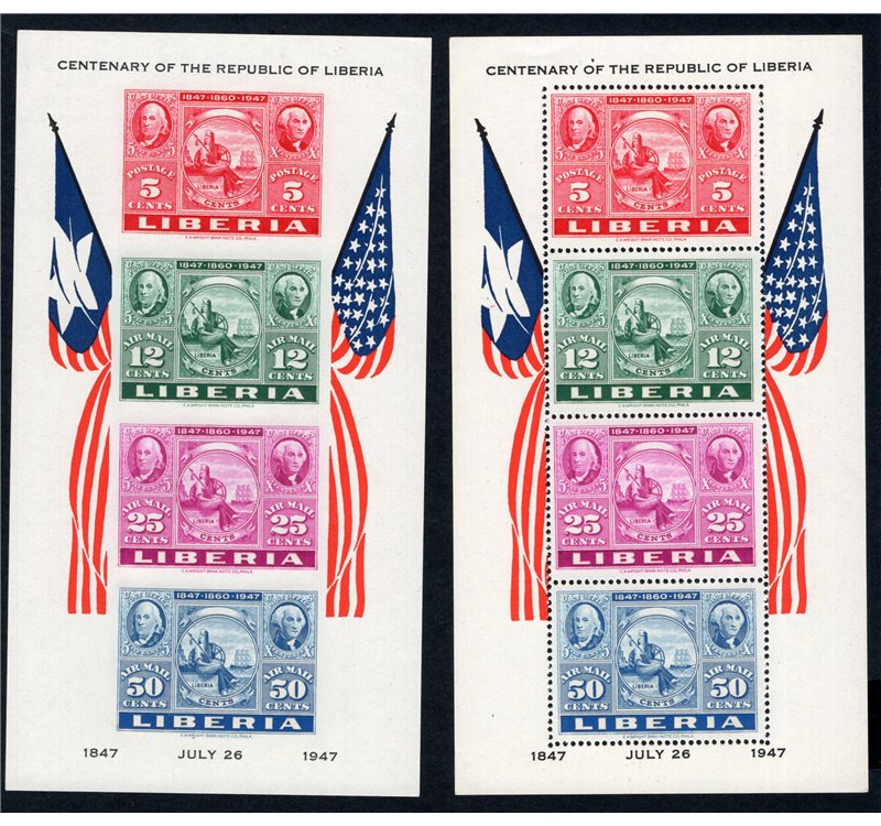 Liberia - 1947 - BF Centenario dell'Indipendenza dent. e non dent., n° 1. Cert.: Biondi. Cat. € 400 (**)