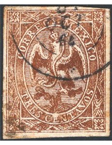 Messico - 1864 - Aquila 3 c. bruno chiaro senza soprast. e con annullo in data “oct. 64” leggibile, buono stato, n° 18c. Cert.: 
