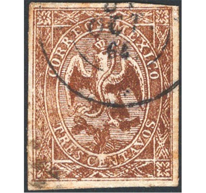 Messico - 1864 - Aquila 3 c. bruno chiaro senza soprast. e con annullo in data “oct. 64” leggibile, buono stato, n° 18c. Cert.: 