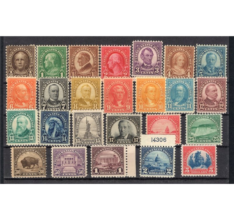 U.S.A. - 1922/25 - Presidenti e soggetti vari, serie n° 370/92. Cert.: RD. Cat. € 1.809 (**)