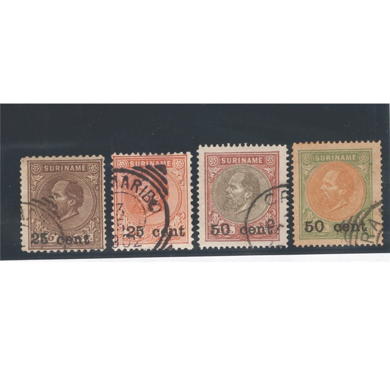 Suriname (Colonie Olandesi) - 1899 - Francobolli del 1899 con soprast. dei nuovi valori, serie n° 37/40. Cat. € 240 (U)