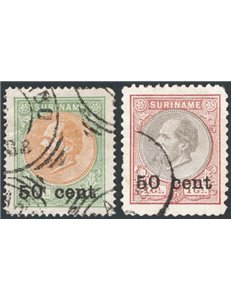 Suriname (Colonie Olandesi) - 1899 - Guglielmo II 50 c. su 1 gulden + 50 c. su 2,50 gulden, i due alti valori della serie, n° 39